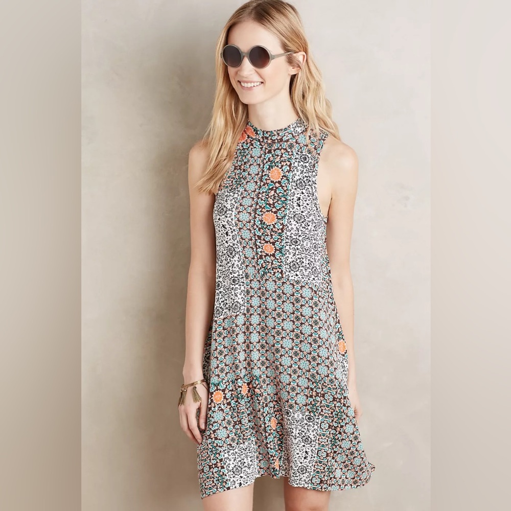Anthropologie Maeve Lilt Swing Dress Sz Extra Small High Neck Pockets Sleeveless